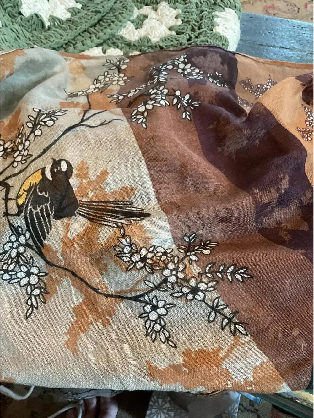 Elegant Floral Print  Poly Linen Scarf by Parrs New Zealand Birds and Flowers